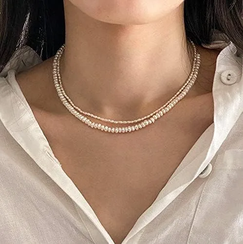 Miniatura 9 de Cowlyn Pearl Choker Dainty Adjustable Necklace 18K Gold Plated Cultured Barque Pearl Tiny Chain Delicate Mother's Valentine Jewelry for Women Girls