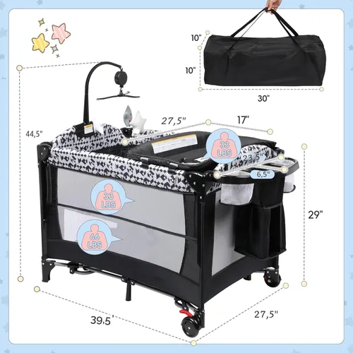 Miniatura 2 de Xilingol Parque de juegos 5 en 1, moisés para bebé con cambiador de pañales junto a la cama, bolsa de almacenamiento y caja de música, cuna portátil