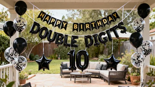 Miniatura 3 de Decoraciones de cumpleaños número 10 para niños, decoración negra de papel de aluminio de doble dígito, pancarta negra número 10 con globos