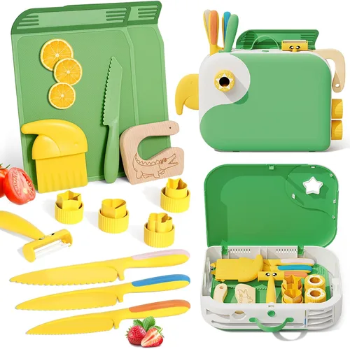 Montessori Herramientas de cocina para niños pequeños, cuchillo para cocina real, juego de cuchillos para niños pequeños con caja de almacenamiento,