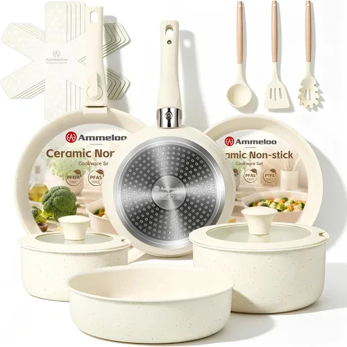Ammeloo Juego de ollas y sartenes de cerámica antiadherentes, juego de utensilios de cocina de cerámica con asas extraíbles, apilables, ahorro de
