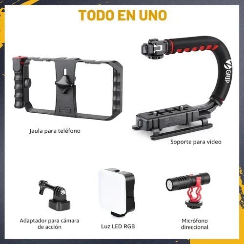 Miniatura 2 de Zeadio Kit estabilizador de cámara para smartphone, mango portátil, soporte de video portátil con luz de video RGB y micrófono, se adapta a todas