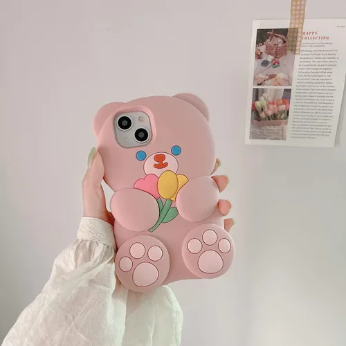 Miniatura 2 de Fundas para iPhone 13 Pro Lindas con Diseño de Oso de Flores de Dibujos Animados, Funda Rosa de Silicona Blanda 3D para Mujeres y Niñas, Funda Oso