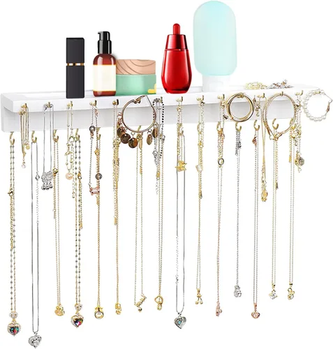 Miniatura 2 de Soporte para Collares, Organizador de Collares de Pared Extra Grande Mejorado con 30 Ganchos Colgante de Collares Montado en la Pared con Bandeja