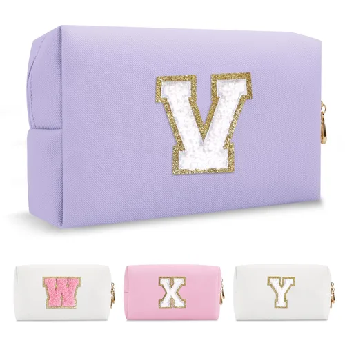 Miniatura 142 de Pequeña bolsa de maquillaje personalizada con inicial A-Z Preppy Patch, bolsa de cosméticos de viaje de felpilla blanca con cremallera, bonita bolsa