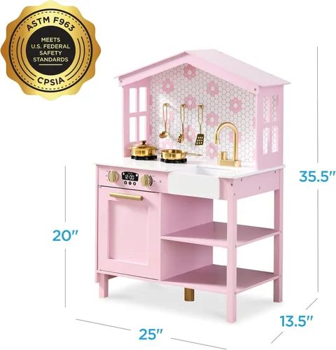 Miniatura 8 de Best Choice Products - Set de cocina de madera de simulación para niños con granja de madera, almacenamiento de juguetes, perillas que hacen clic