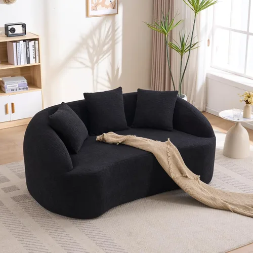 Miniatura 9 de Sofá biplaza curvo de 65 pulgadas para espacios pequeños, sofá biplaza sin hueso, tela de felpilla de grano de madera, no requiere instalación, sofá