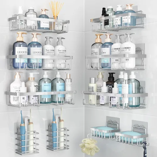Miniatura 19 de Liuoud Juego de 5 Organizadores de Ducha Adhesivos para Pared, Estante para Interior de Ducha, Cesta de Almacenamiento de Baño Inoxidable Resistente