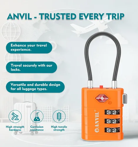 Miniatura 4 de ANVIL Cerraduras de equipaje aprobadas por la TSA - Cerraduras de viaje combinadas TSA008 de alta seguridad con indicador de inspección para maletas