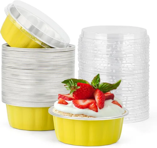 Miniatura 21 de Beasea Ramequines con tapas, 8oz 50 unidades de tazas de aluminio desechables para hornear, tazas de papel de aluminio plateado para creme brulee