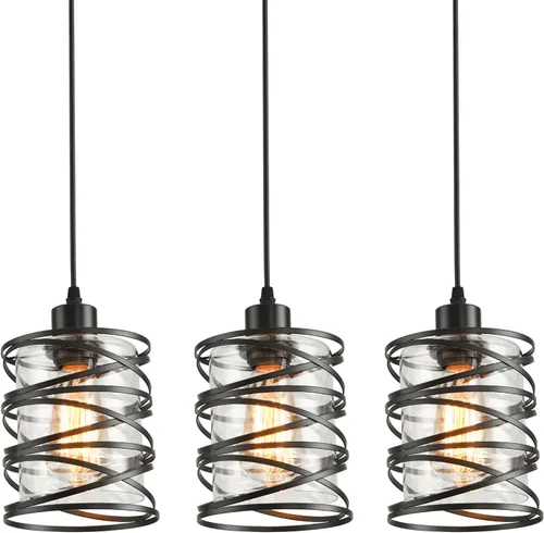 Paquete de 3 Luces Colgantes para Isla de Cocina, Iluminación Colgante para Isla de Cocina, Luz Colgante de Vidrio con Jaula en Espiral, Pantalla de