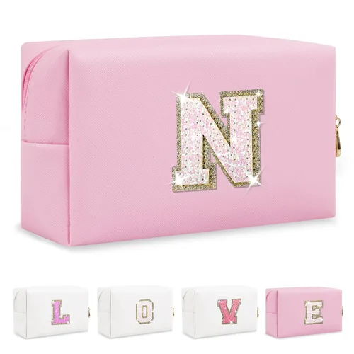 Miniatura 83 de Pequeña bolsa de maquillaje personalizada con inicial A-Z Preppy Patch, bolsa de cosméticos de viaje de felpilla blanca con cremallera, bonita bolsa