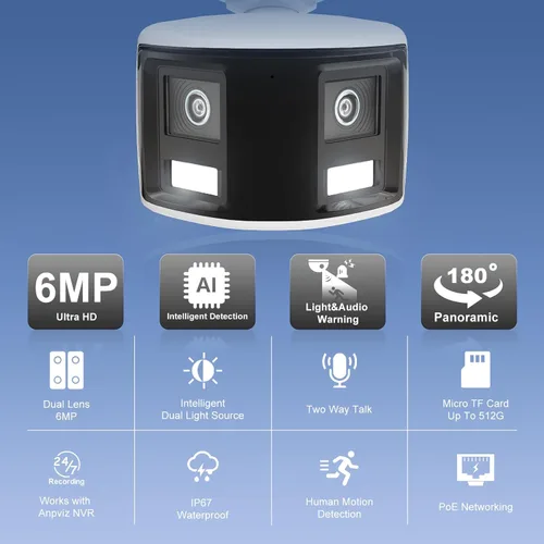 Miniatura 4 de Anpviz Cámara de seguridad de doble lente de 180° 6MP, vista panorámica de 180 grados, cámara IP POE con cable, luz de destello estroboscópica roja