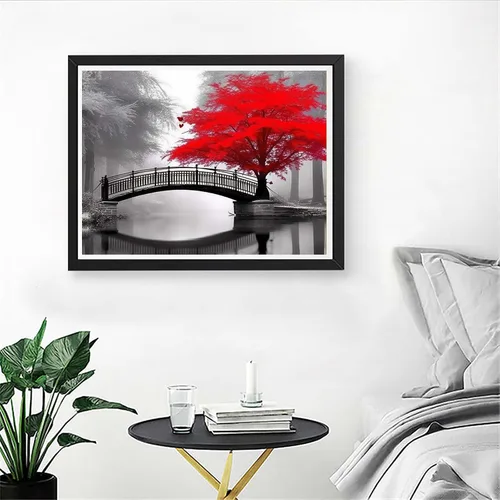 Miniatura 4 de Diymood Kits de pintura de diamantes 5D para adultos, paisaje, kits de arte de diamantes para adultos, puente de árbol rojo, redondo de taladro