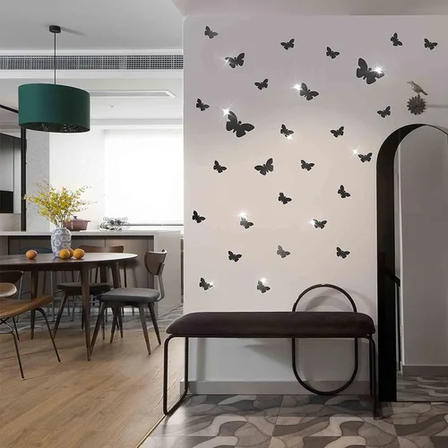 Miniatura 6 de Decoración de pared de espejo de mariposa, 50 calcomanías de pared de mariposa de espejo acrílico 3D extraíbles, calcomanías de pared autoadhesivas