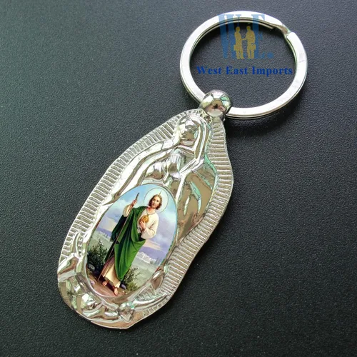 Miniatura 5 de 12 piezas de anillo de metal de San Judas Keychian favores de bautismo para niños y niñas Recuerdos de Bautizo San Judas (Wht)