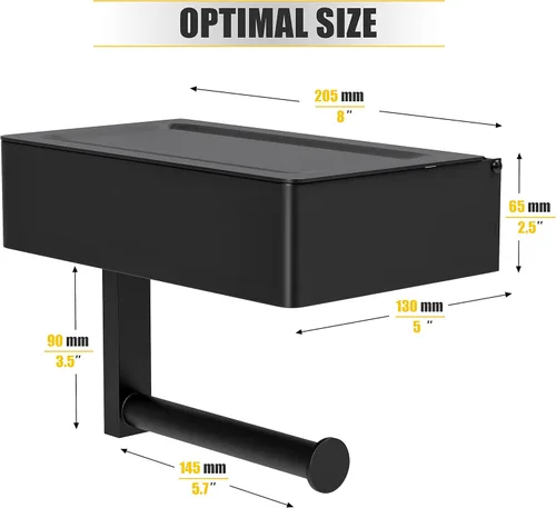 Miniatura 2 de Soporte de papel higiénico autoadhesivo de pared con estante y almacenamiento para toallitas – Soporte de papel higiénico negro mate de acero