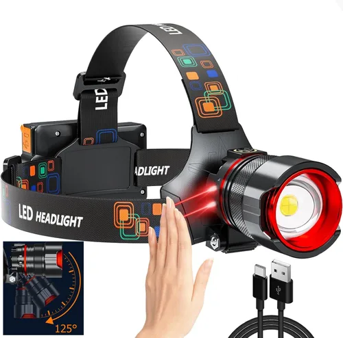 UVER Linterna frontal LED recargable de 125° gran angular recargable, súper brillante 90000LM lámpara de cabeza con 8 modos de luz, linterna
