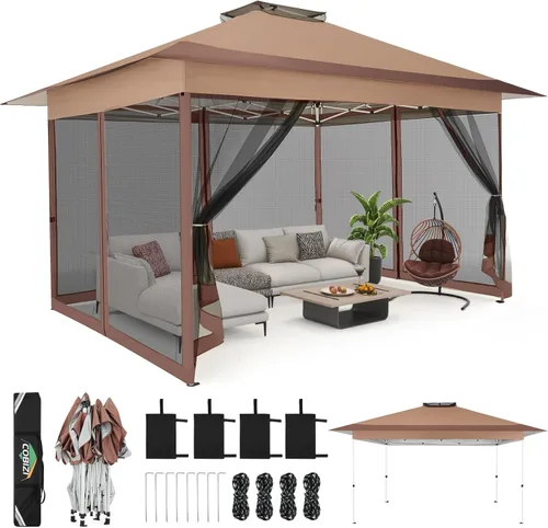 Miniatura 37 de COBIZI - Tienda desplegable de 3,66 x 3,66 metros en oferta - Cenador portátil de metal para exteriores con mosquitero, impermeable - Cenador Caqui