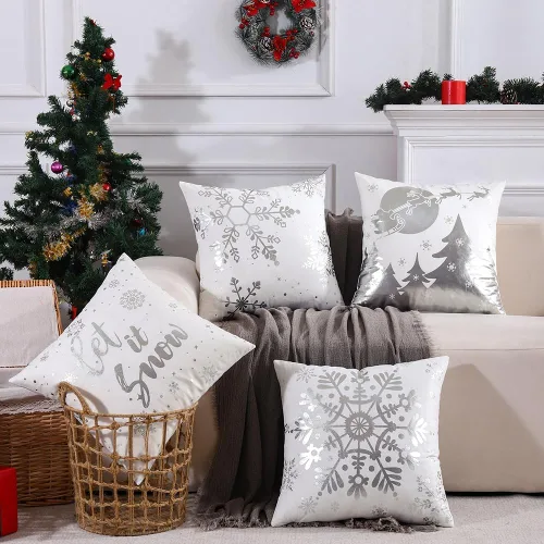 Miniatura 6 de JOJOGOGO Juego de 4 fundas de almohada navideñas plateadas y blancas de 18 x 18 pulgadas, juego de 4 almohadas decorativas de copo de nieve Let It