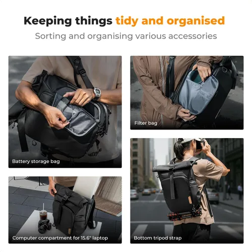 Miniatura 6 de K&F CONCEPT Mochila para cámara, bolsa para cámara con compartimento para laptop de 15.6 pulgadas, mochila expandible con bolsillo superior