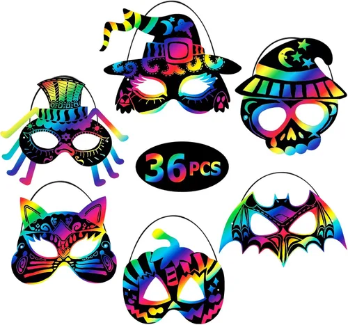 Miniatura 2 de Max Fun 36 máscaras de Halloween para arañar, kit de manualidades para niños, cumpleaños, cosplay, decoración de aula, papel mágico para rascar