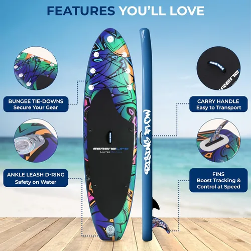 Miniatura 3 de SereneLife Tabla de remo inflable de pie, diseño amplio y estable, cubierta antideslizante para adultos y jóvenes con accesorios de tabla de remo