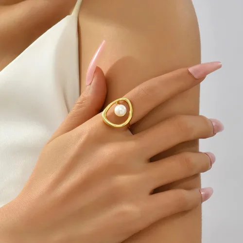 Miniatura 5 de FUNYCHEN Anillo de perlas de plata esterlina, anillo de perlas S925 para mujer, minimalista, irregular, oro, inspirador, anillo de perlas cultivadas