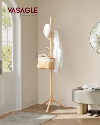 Miniatura 2 de VASAGLE Perchero de madera maciza, perchero en forma de árbol con 8 ganchos, 3 opciones de altura, para ropa, sombreros, bolsos, sala de estar