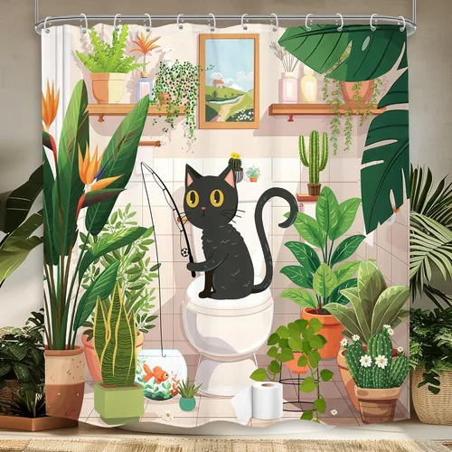 Miniatura 11 de Divertida cortina de ducha de gato negro de 60 pulgadas de ancho x 72 pulgadas de alto para niños, diseño de gatito blanco y negro, lindo animal are