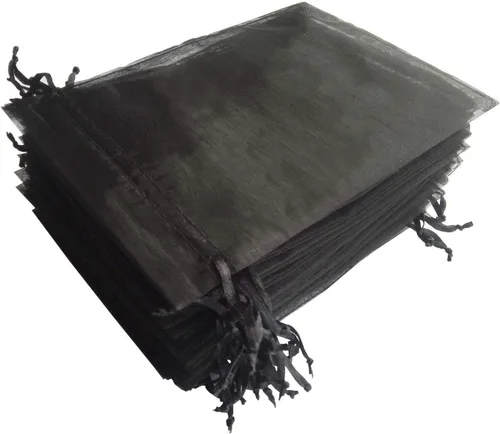 100 piezas por paquete 5x7 Bolsas de regalo transparentes negras, tela de organza transparente, bolsas de malla transparentes con cordón para