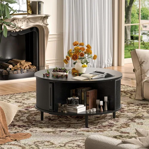 Miniatura 5 de Mesa auxiliar redonda, mesa central acanalada de 31.5 pulgadas con almacenamiento, mesa de centro elevable con almohadillas ajustables, puerta Negro