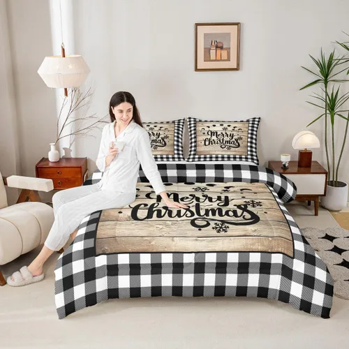 Miniatura 26 de Juego de edredón de Feliz Navidad para niños, tamaño twin, juego de ropa de cama de camión rojo árboles de pino copos de nieve, decoración