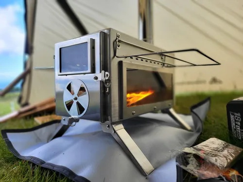 Miniatura 7 de Estufa de leña portátil Dandelion shell para acampar con vidrio de visualización y función de cocción, 8 chimeneas de acero inoxidable para refugio