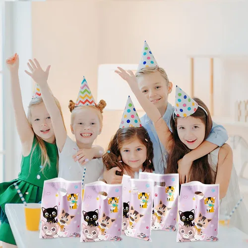 Miniatura 5 de 3sscha 50 bolsas de regalo de fiesta de gato, con temática de gatito, morada, impermeable, bolsa de galletas con asas troqueladas, animales y patas