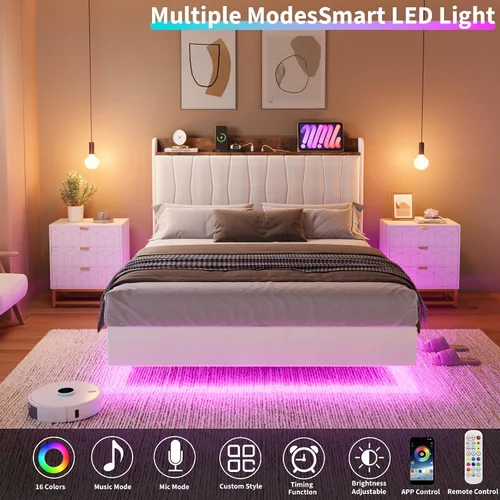 Miniatura 4 de GarveeHome Marco de Cama Flotante Full con Luces LED y Estación de Carga USB – Cama Plataforma Moderna Tapizada con Cabecero, Soporte de Listones
