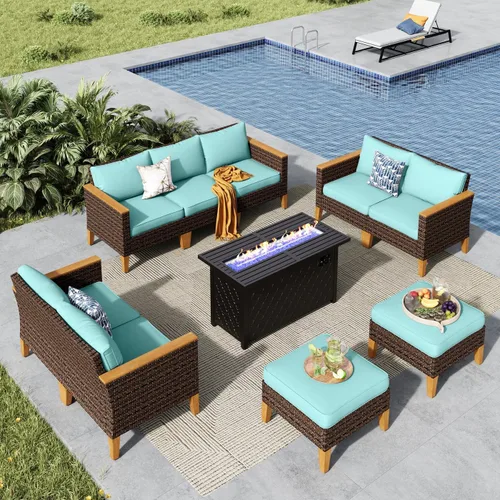 Miniatura 14 de MFSTUDIO Juego de 2 muebles de ratán para patio, sofá biplaza de mimbre para exteriores, juego de conversación para jardín, piscina, patio trasero