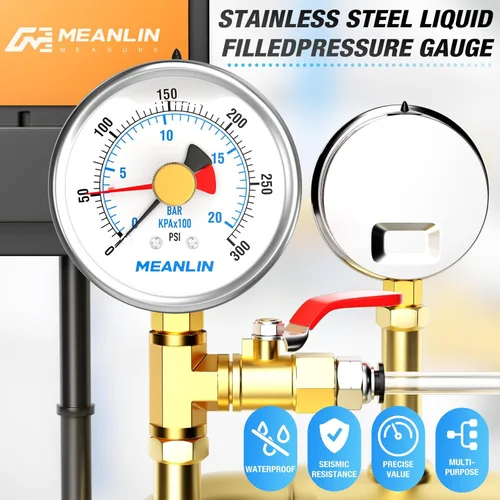 Miniatura 7 de MEANLIN MEASURE 0~300 PSI Manómetro de Presión de Acero Inoxidable 1/4" NPT con Esfera Frontal de 2.5", Puntero de Reinicio, Relleno de Líquido, WOG
