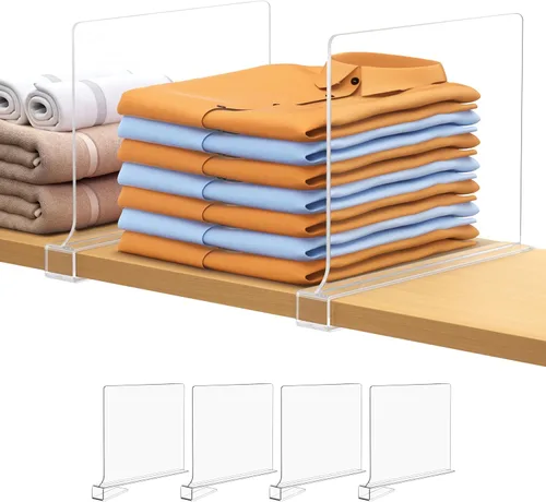 4 unidades de divisores de estante para organización de armario de acrílico transparente, divisor de estante de armario para estanterías de madera,