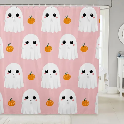Miniatura 23 de Cortina de ducha de tela de unicornio de Halloween, misteriosa cortina de ducha de flores de castillo estrellado para baño, cortina de ducha
