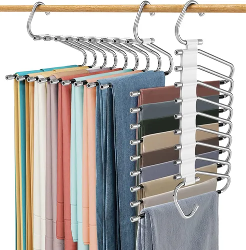 Miniatura 12 de Perchas para pantalones de 9 niveles que ahorran espacio, paquete de 2 organizadores multifuncionales de acero inoxidable para armario para Blanco