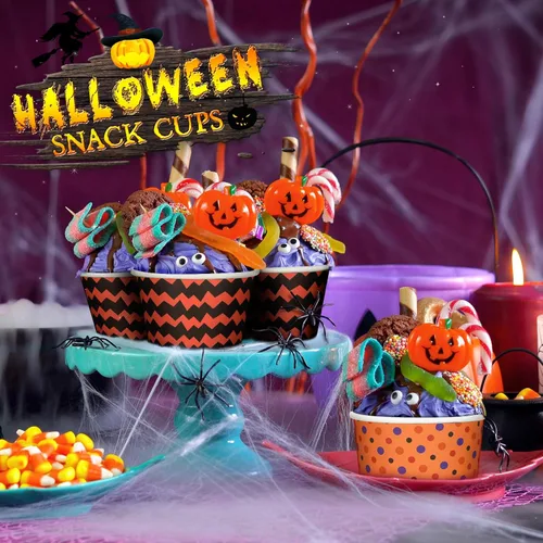 Miniatura 4 de Tanlade 100 vasos desechables de calabaza de Halloween de 8 onzas, tazas de papel de esqueleto, cuencos para dulces, suministros de fiesta