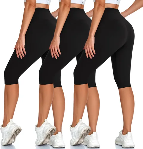 Hi Clasmix Paquete de 3 leggings hasta la rodilla para mujer, pantalones capri de cintura alta, pantalones cortos de ciclista para mujer, pantalones