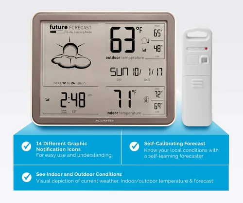 Miniatura 3 de AcuRite 75077A3M Estación meteorológica inalámbrica de pronóstico de autoaprendizaje con reloj atómico (negro) y estación de pronóstico La Crosse