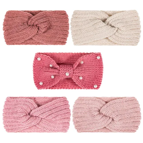 Miniatura 14 de Whaline - 5 diademas tejidas de invierno, diademas mullidas tejidas, 4 envolturas de turbante elásticas y 1 banda de pelo de ganchillo de perla