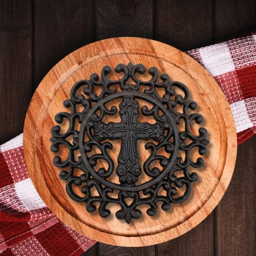 Miniatura 2 de Comfy Hour Salvamanteles decorativos de hierro fundido con cruz redonda de 9 pulgadas, soporte religioso para ollas calientes para cocina, soporte