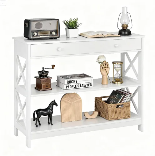 Miniatura 9 de SUPER DEAL Mesa consola estrecha de 39.5 pulgadas, mesa de entrada de 3 niveles, mesa auxiliar con cajón y estantes de almacenamiento para pasillo