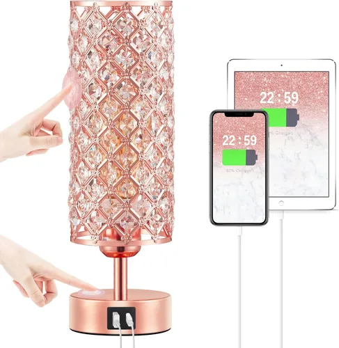 Lámpara de mesa de cristal Hong-in - Control táctil regulable en 3 vías, lámpara de cabecera de oro rosa con puertos USB C y A, luz de mesita de