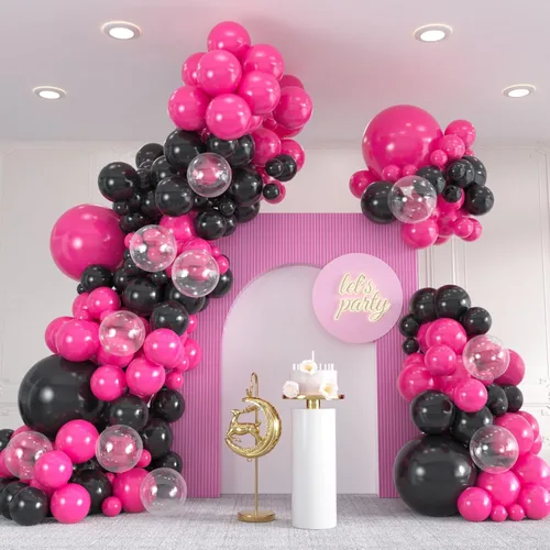 136 piezas de kit de arco de globos de color rosa eléctrico y negro con globos transparentes - 18/12/10/5 pulgadas de guirnalda gótica para