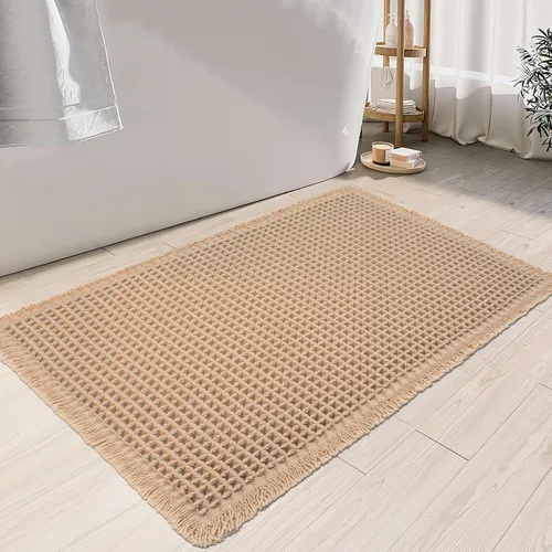 KOEXM Tapete de baño mejorado con diseño de gofre, súper absorbente, antideslizante, bohemio, lavable a máquina, con borlas, parte trasera de goma,